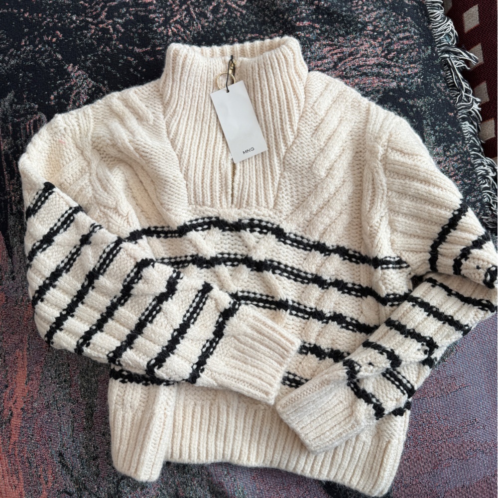 Mango Cozy Cream and Black Striped Cable Knit Sweater NWT